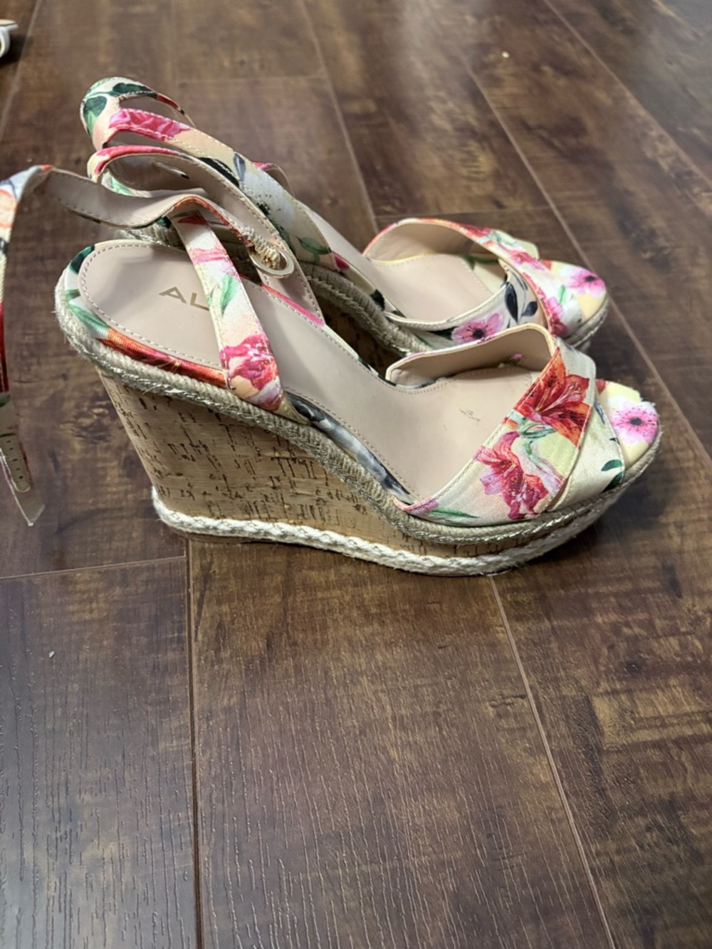 Aldo Floral Print Cork Espadrille Wedge Sandals in Cream and Pink